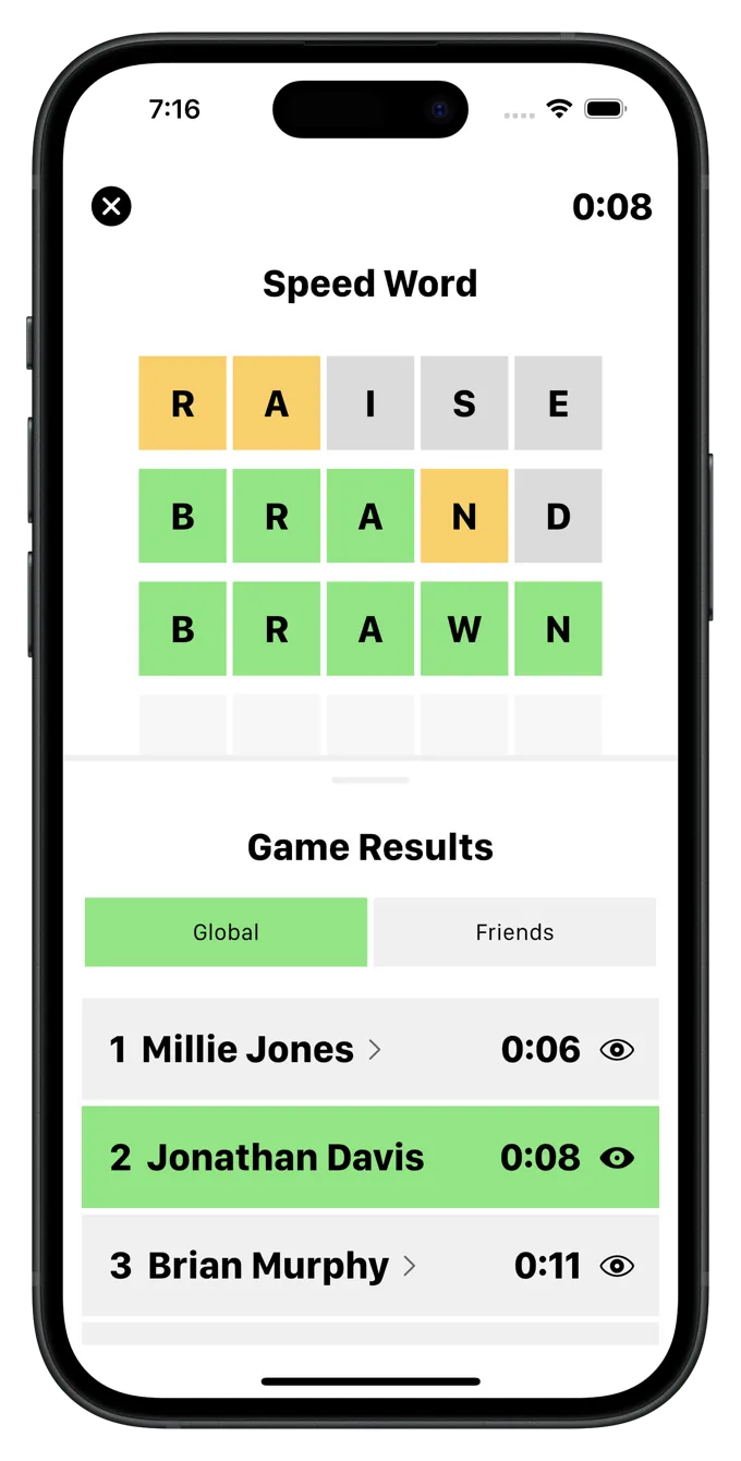 Timed Wordle gameplay showing word grid with colored tiles, timer, and global leaderboard